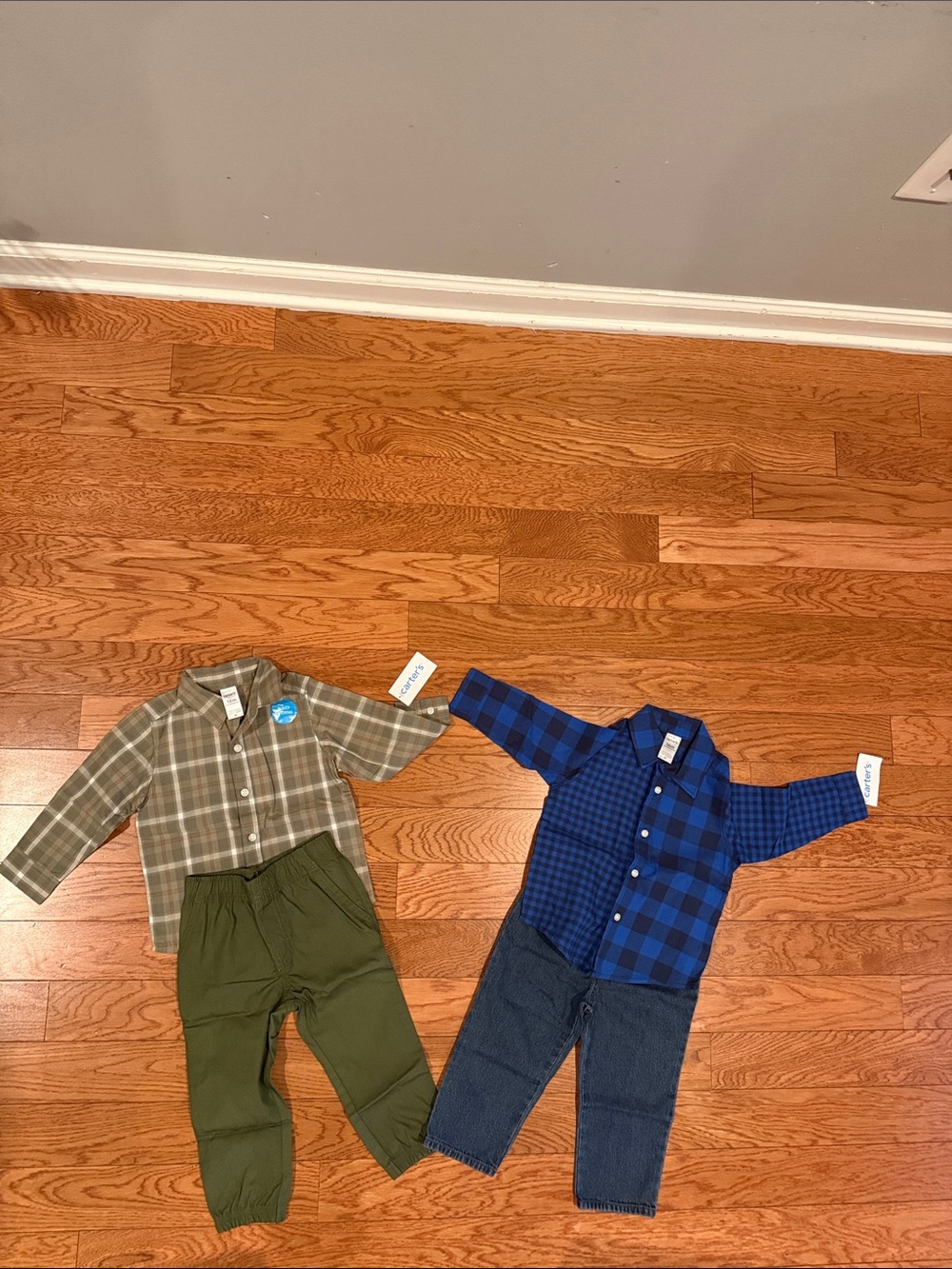 Boys Bundle 2 Carter's Olive & Blue Plaid Toddler Shirt and Pant Sets
